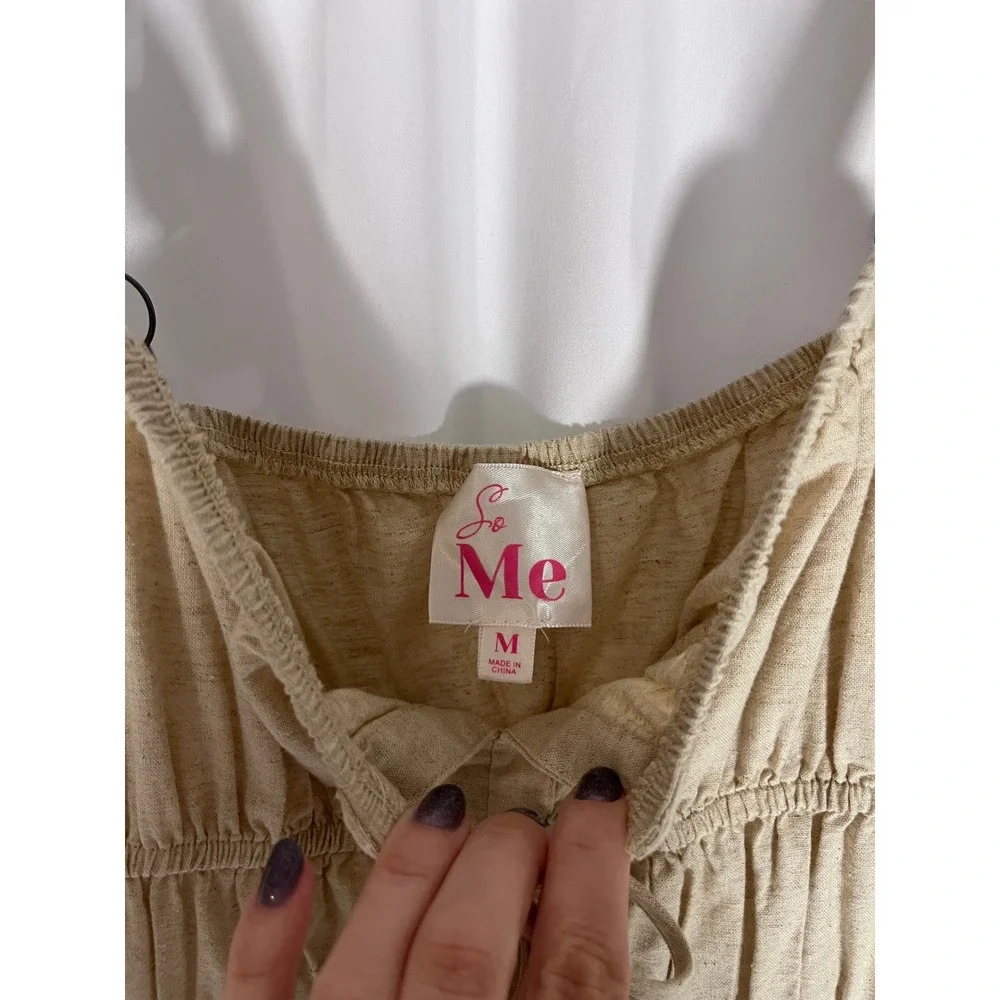 So Me Linen Blend Jumpsuit M Oatmeal Boho Cottagecore Adjustable Straps Pockets